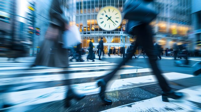 People in cross-walk with clock in background